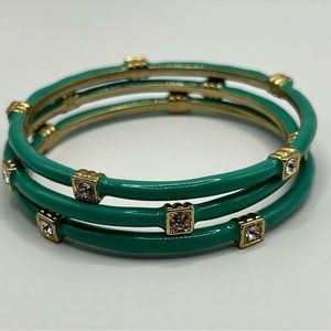 Set of three teal / turquoise enamel bangles with gold and crystals